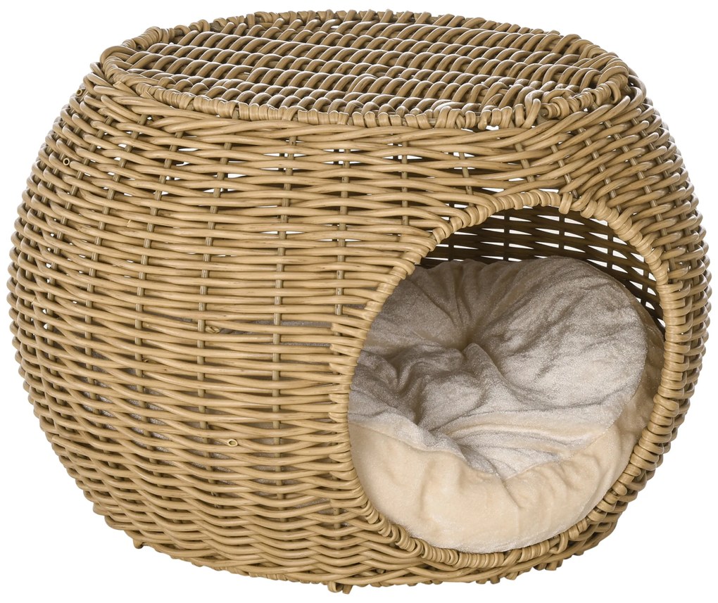 PawHut Niche coș casă pentru pisici 2 etaje din rășină împletită aspect răchită cu 1 pernă moale Ø 40 x 30 cm maro deschis | Aosom Romania