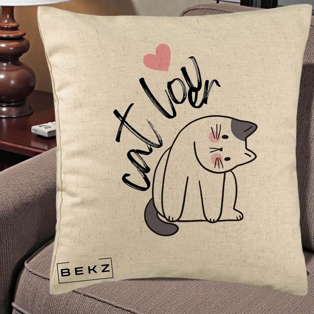 Perna Personalizata Cat Lover Pisica Ilustratie Linie, 40x40 cm, Bej, Husa Detasabila, Perna Inclusa, BEKZ®