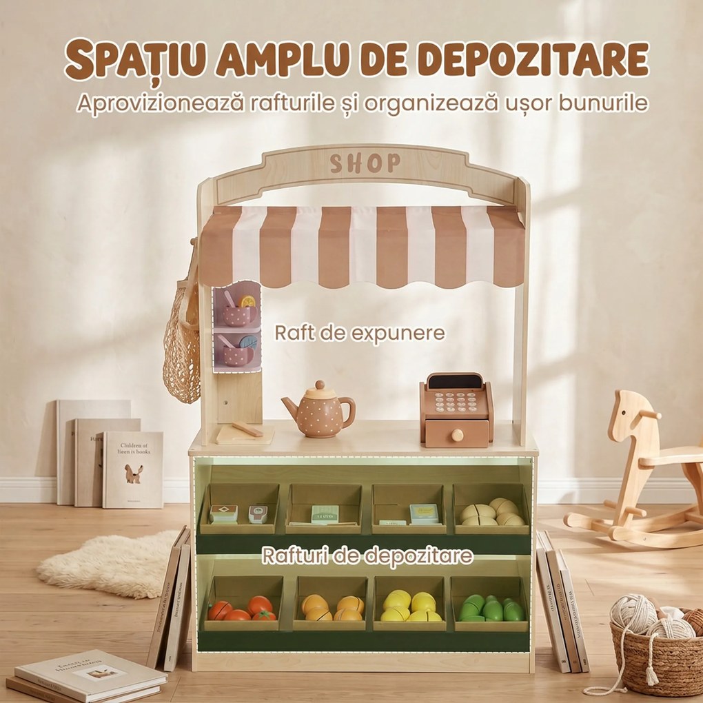 AIYAPLAY Magazin de jucărie din lemn pentru copii, tarabă cu alimente, tablă, 61 accesorii, 3-8 ani, culoare lemn | Aosom Romania