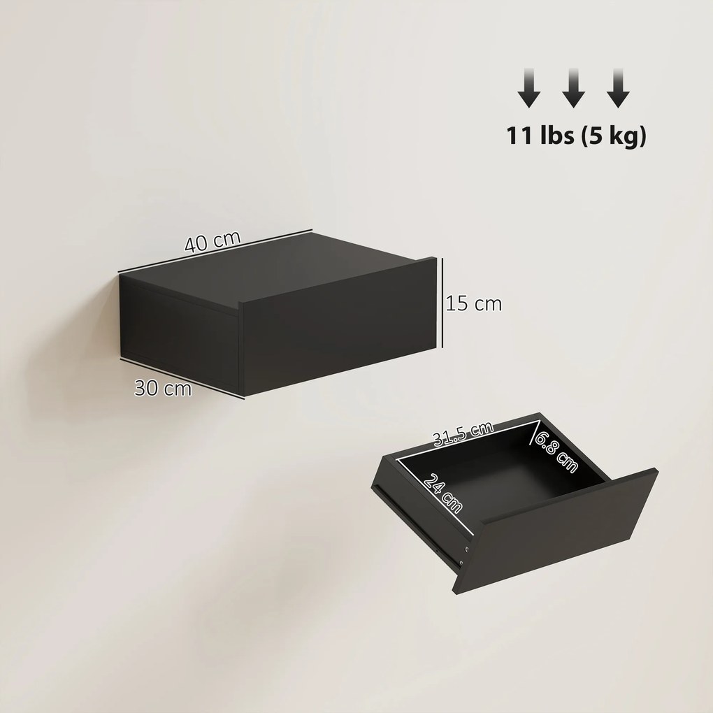 HOMCOM Set de 2 Noptiere Suspendate cu Sertar, 40x30x15 cm, Negru | Aosom Romania