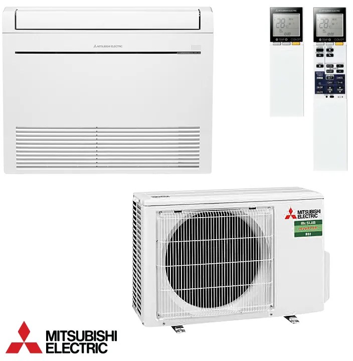 Aparat de aer conditionat inverter pentru podea Mitsubishi Electric MFZ-KT25VG + SUZ-M25VA, 9000 BTU, 20 m², A++, R-32, Alb