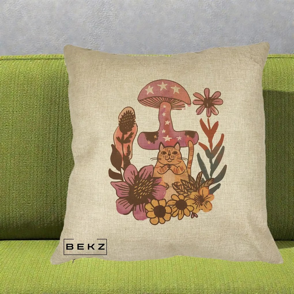 Perna Decorativa Ciuperca Pisica Boho, 40x40 cm, Crem, Husa Detasabila, Perna Inclusa, BEKZ®