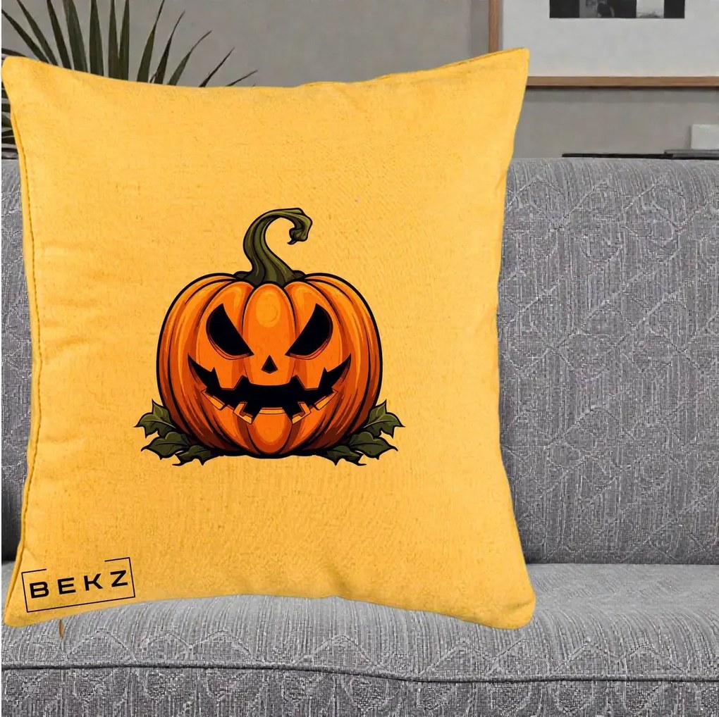 Perna Decorativa Halloween Jack-o'-Lantern Infricosator, 40x40 cm, Galben, Husa Detasabila, Perna Inclusa, BEKZ®