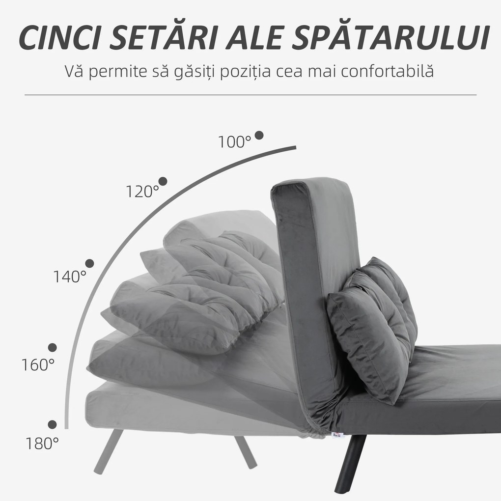 HOMCOM Canapea Pat de 2 Locuri cu Spătar Reglabil pe 5 Nivele și 2 Perne din Material Capitonat, 102x73x81 cm, Gri Închis | Aosom Romania