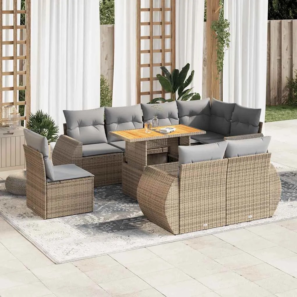 vidaXL Set canapele de grădină, 9 piese, cu perne, bej, poliratan
