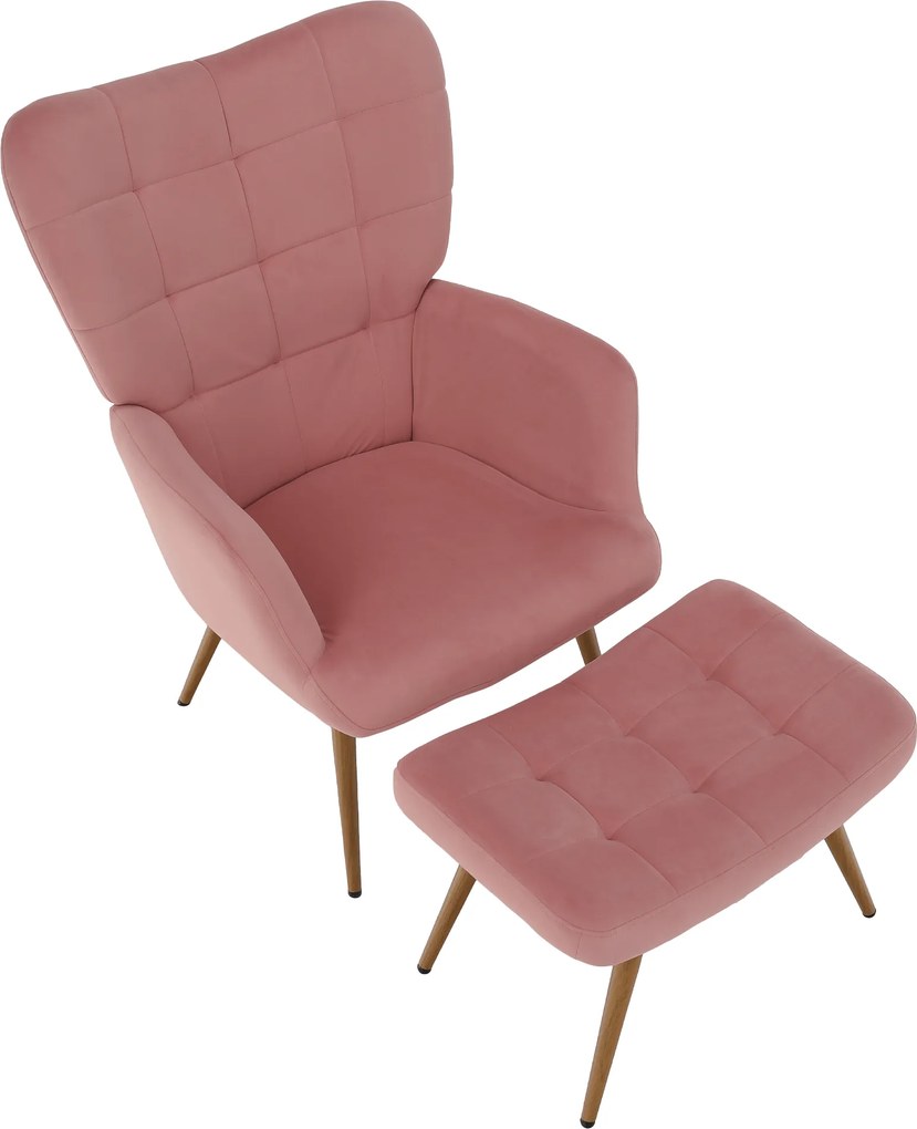 Fotoliu cu suport pentru picioare, ţesătură Velvet roz/stejar, HABEN