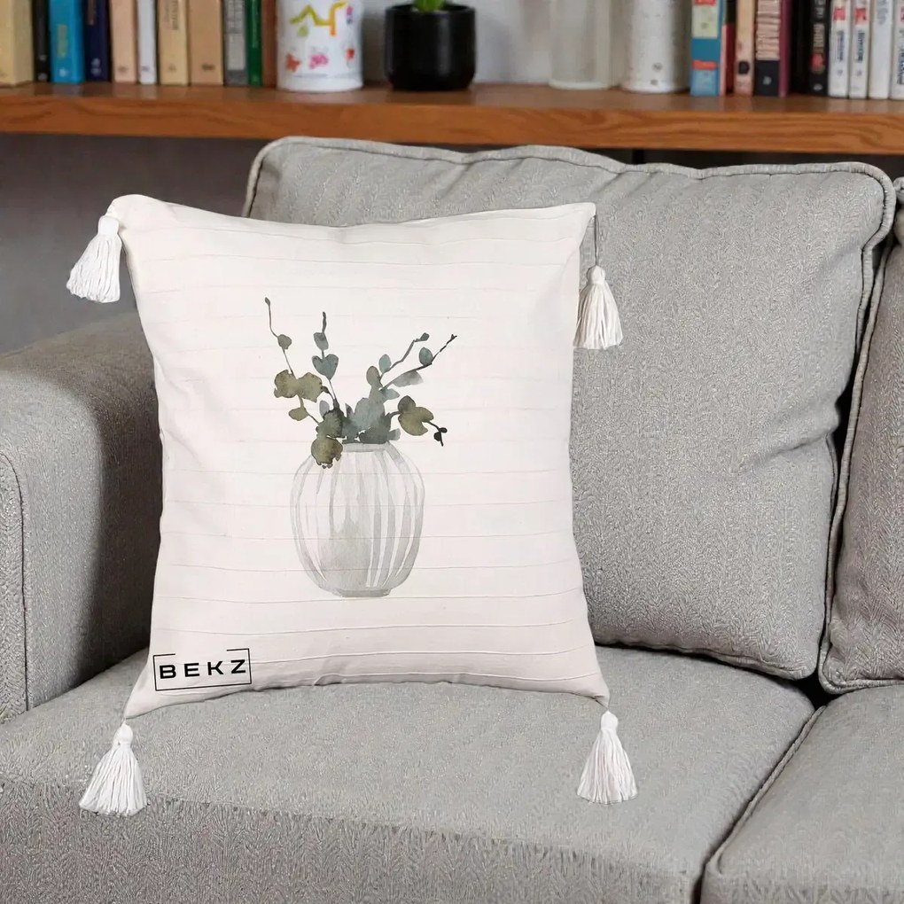 Perna Decorativa Vaza cu Eucalipt Watercolor, 40x40 cm, Bej cu Franjuri, Husa Detasabila, Perna Inclusa, BEKZ®