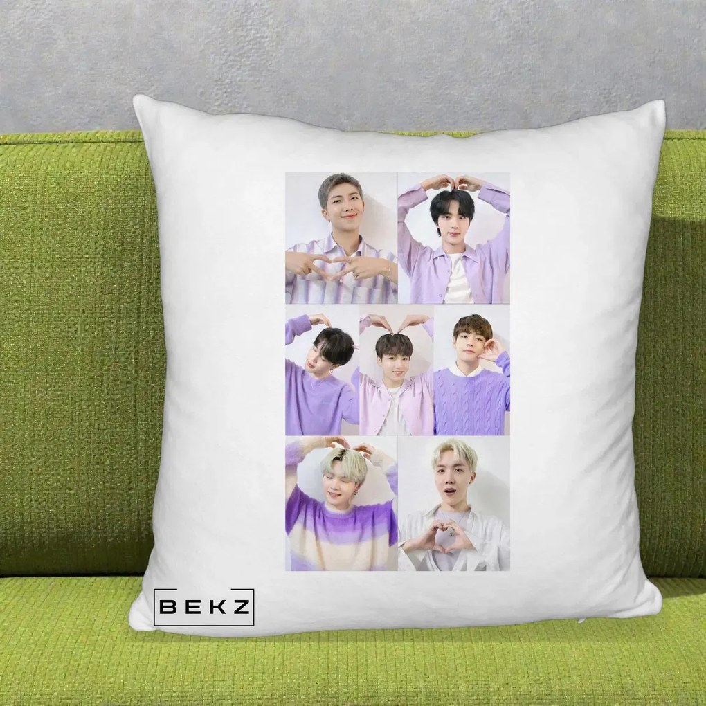 Perna Personalizata K-pop BTS Colaj 7 Portrete cu Inimi Lila, 40x40 cm, Alb Pufos, Husa Detasabila, Perna Inclusa, BEKZ®