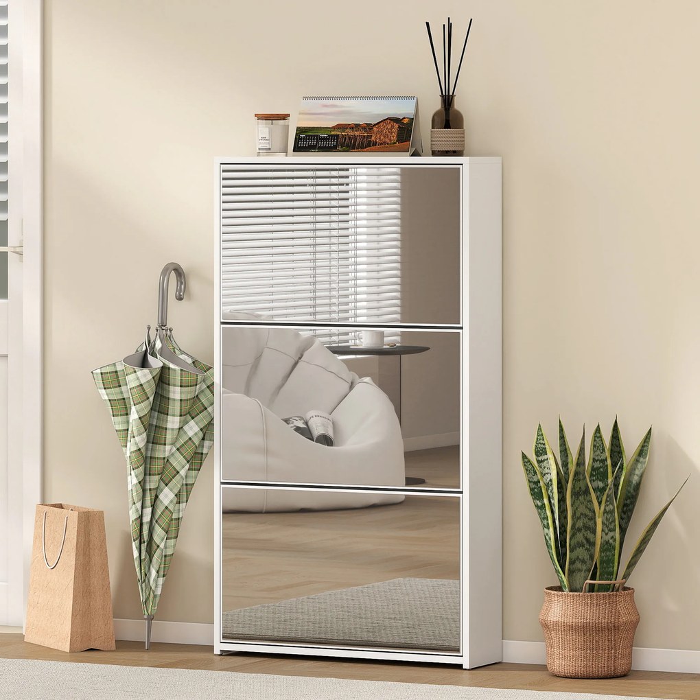 HOMCOM Dulap de Pantofi cu Oglindă și 3 Sertare Rabatabile 65x17x114.5 cm Alb | Aosom Romania