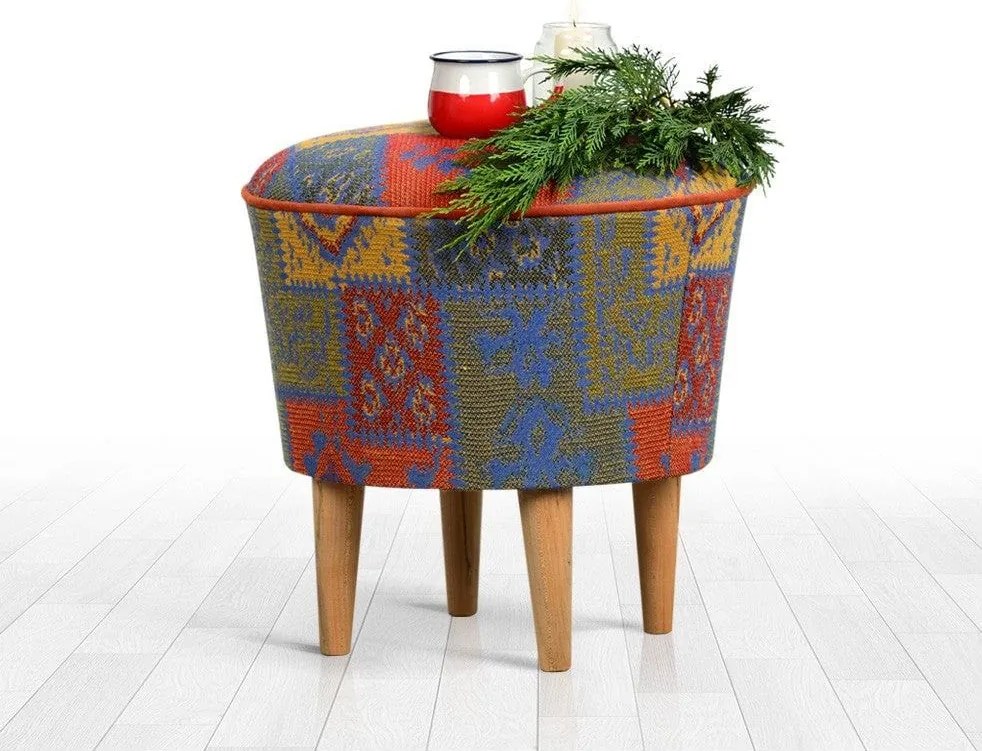 Taburet RUG V3, multicolor/stejar , material textil/lemn, 42x42x42 cm