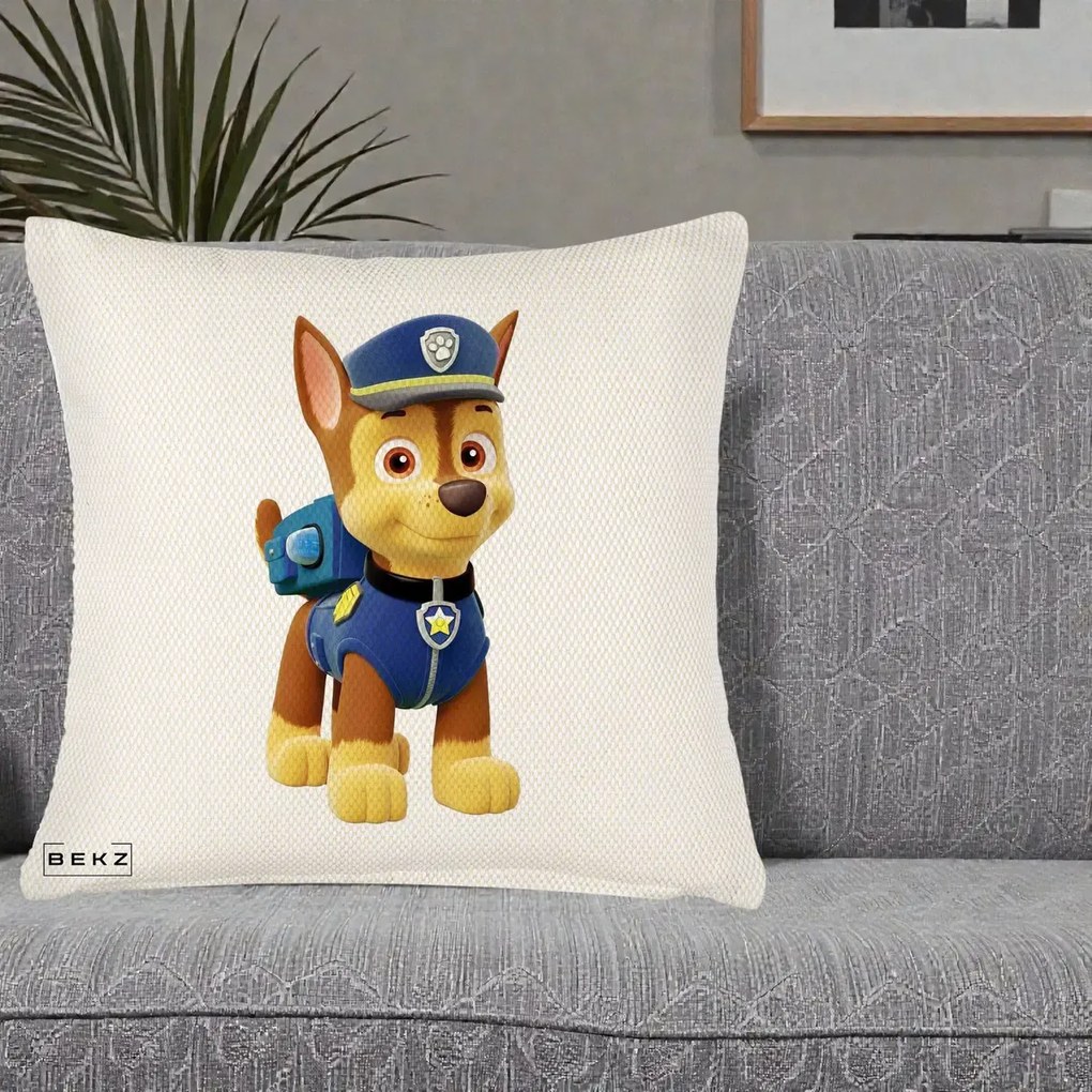 Perna Personalizata Chase PAW Patrol Albastru, 40x40 cm, Crem Reliefat, Husa Detasabila, Perna Inclusa, BEKZ®