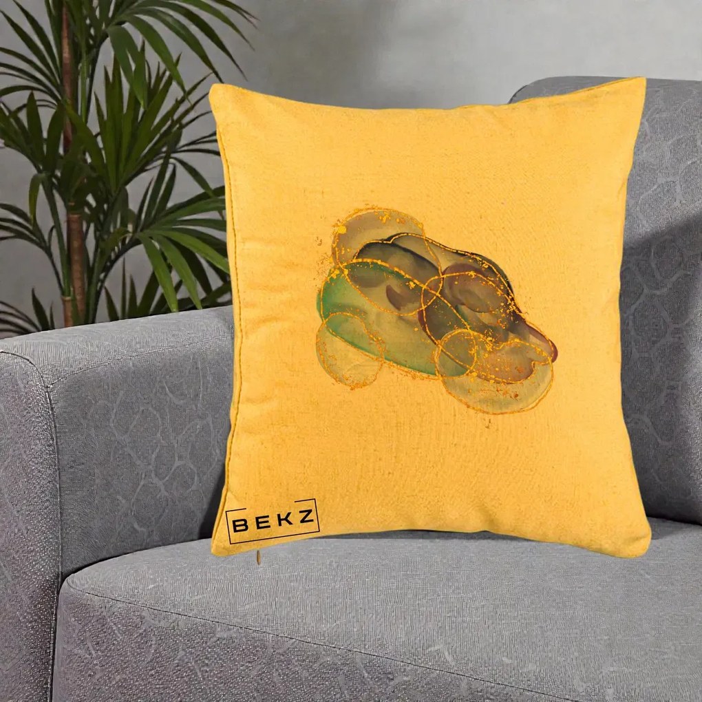 Perna Decorativa Abstract Acuarela Albastru-Mov cu Cercuri Aurii, 40x40 cm, Galben, Husa Detasabila, Perna Inclusa, BEKZ®