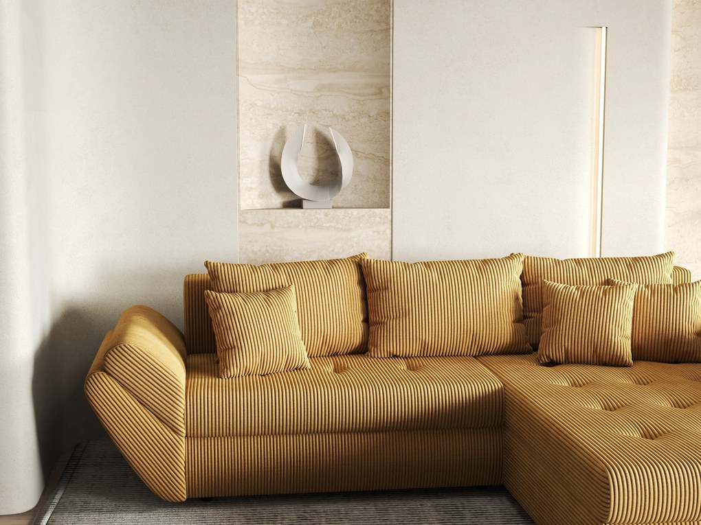 Colțar extensibil dumonde cu ladă de depozitare si sezut confortabil din spuma high-density, Loana Zoom Mustar II 270x185 cm