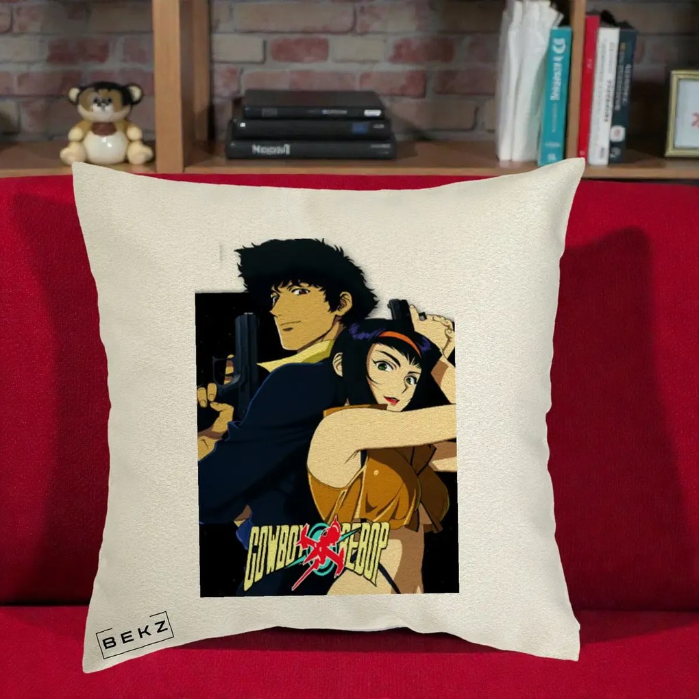 Perna Personalizata Cowboy Bebop Spike si Faye Poster, 40x40 cm, Ecru, Husa Detasabila, Perna Inclusa, BEKZ®