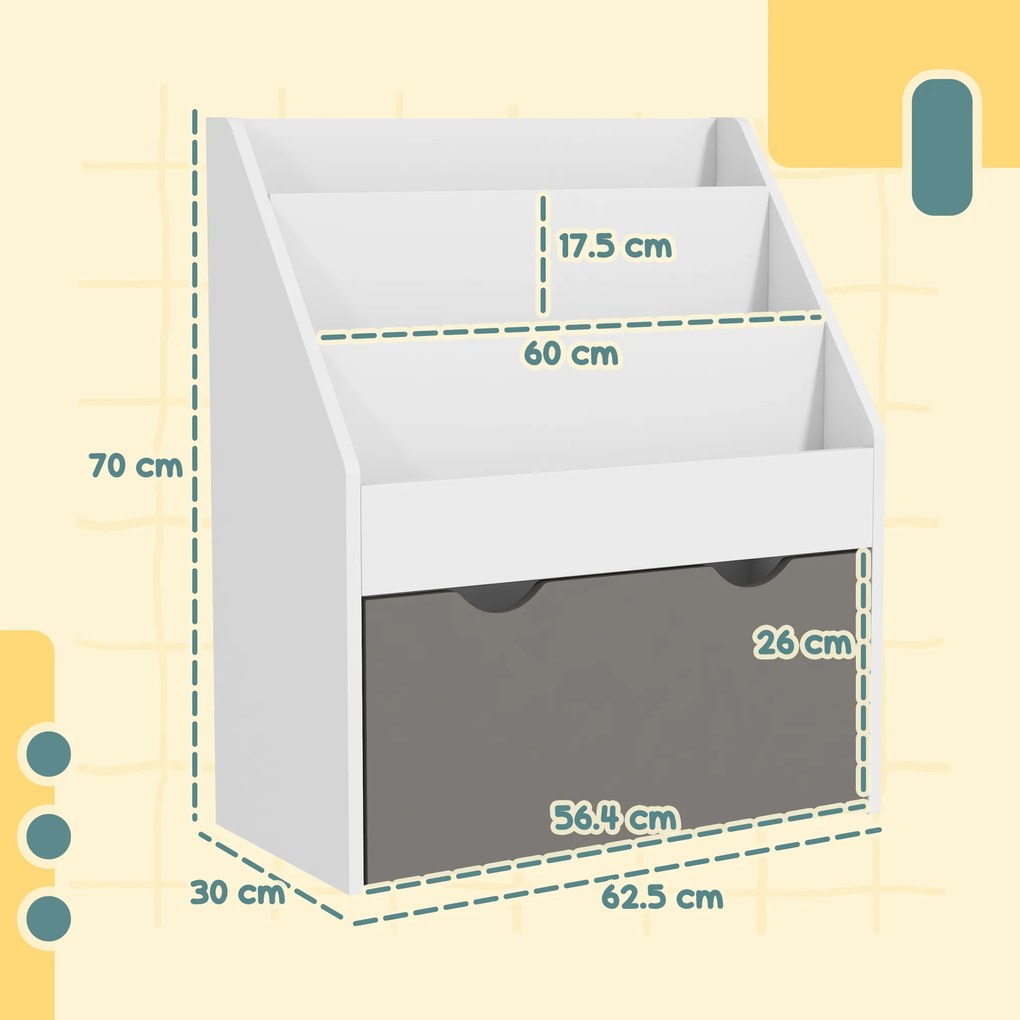 AIYAPLAY Bibliotecă pentru Copii 3-8 Ani cu 3 Rafturi și Sertar Inferior, din MDF, 62.5x30x70 cm, Gri | Aosom Romania