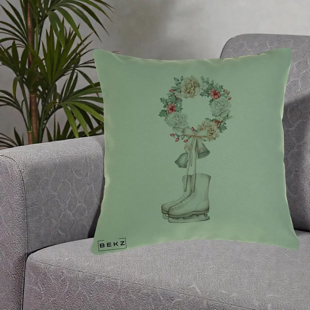Perna Decorativa Patine cu Coroana Florala de Craciun, 40x40 cm, Verde, Husa Detasabila, Perna Inclusa, BEKZ®