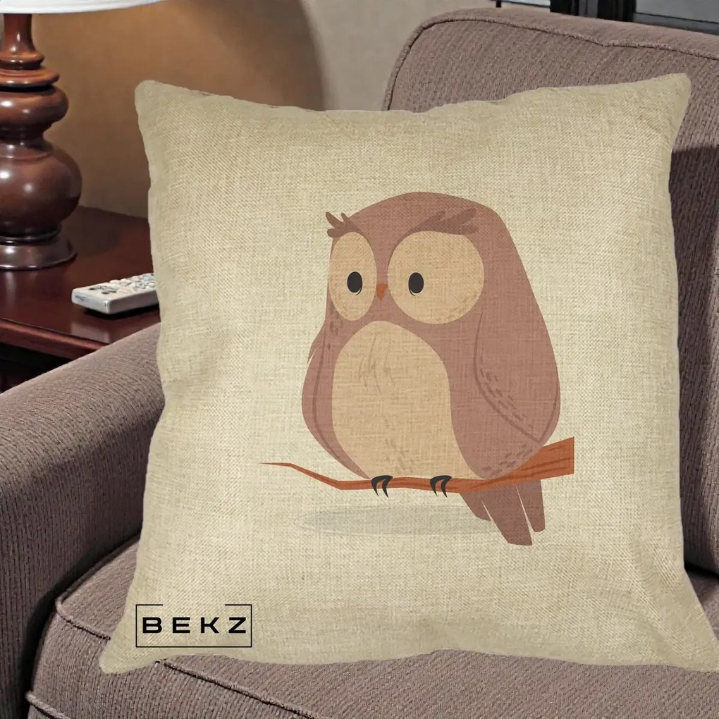 Perna Decorativa Bufnita Kawaii pe Creanga, 40x40 cm, Crem, Husa Detasabila, Perna Inclusa, BEKZ®