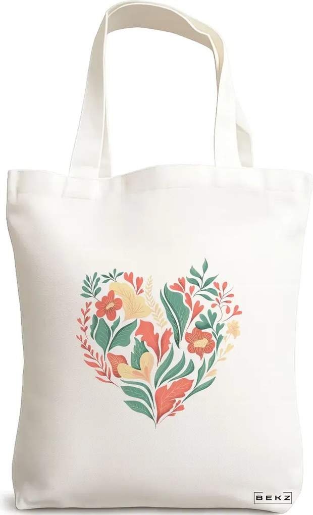 Sacosa de Panza pentru Cumparaturi, Geanta Tote, model Inima Florala, 38x34.5 cm, Alba, BEKZ®