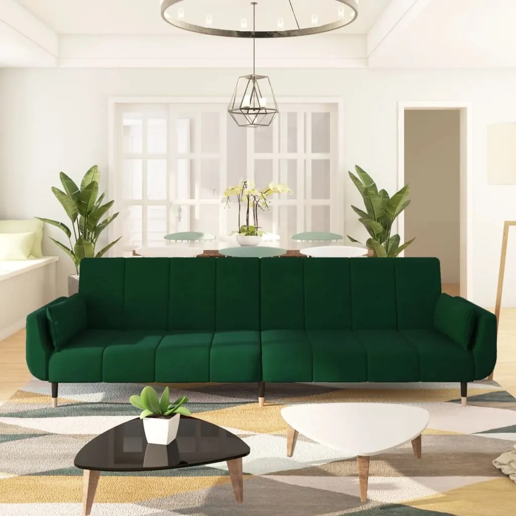 337584 vidaXL Canapea extensibilă cu 2 locuri, 2 perne, verde închis, catifea