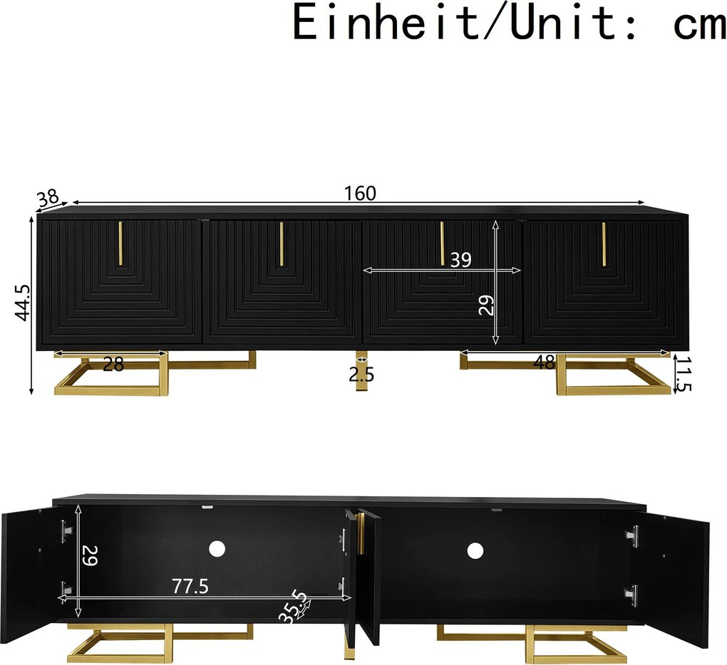 Comodă TV, mânere și picioare aurii, picioare reglabile, 160x38x44,5 cm, Negru