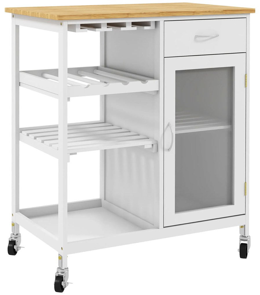 HOMCOM Carucior de servire carucior de bucatarie cu rotile multi-rangament dulap cu usa raft pentru sticle de vin alb | Aosom Romania