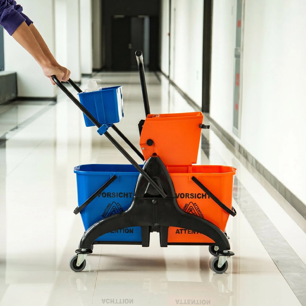 HOMCOM Cărucior Profesional de Curățenie cu 2 Găleți de 26L, Cărucior cu Presă, Mâner și 4 Roți Universale, pentru Hotel, Casă, Birou, 78x45x95 cm, Portocaliu și Albastru | Aosom Romania