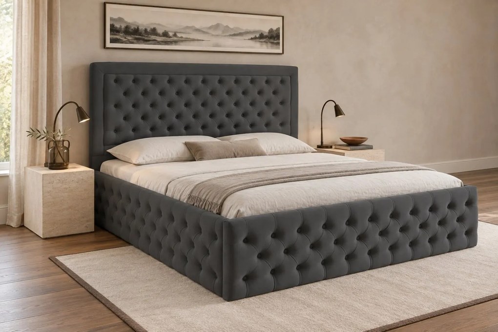 Pat tapițat Chesterfield din catifea Ophelia Deluxe 140×200 cm, gri închis, cu ladă de depozitare