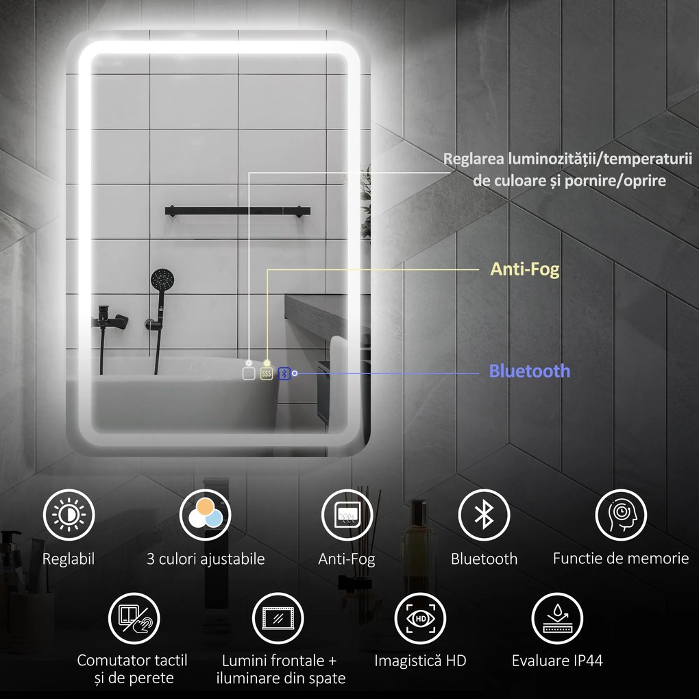 HOMCOM Oglindă de Baie Bluetooth LED 50 x 70 cm cu Anticeață - Argintiu | Aosom Romania