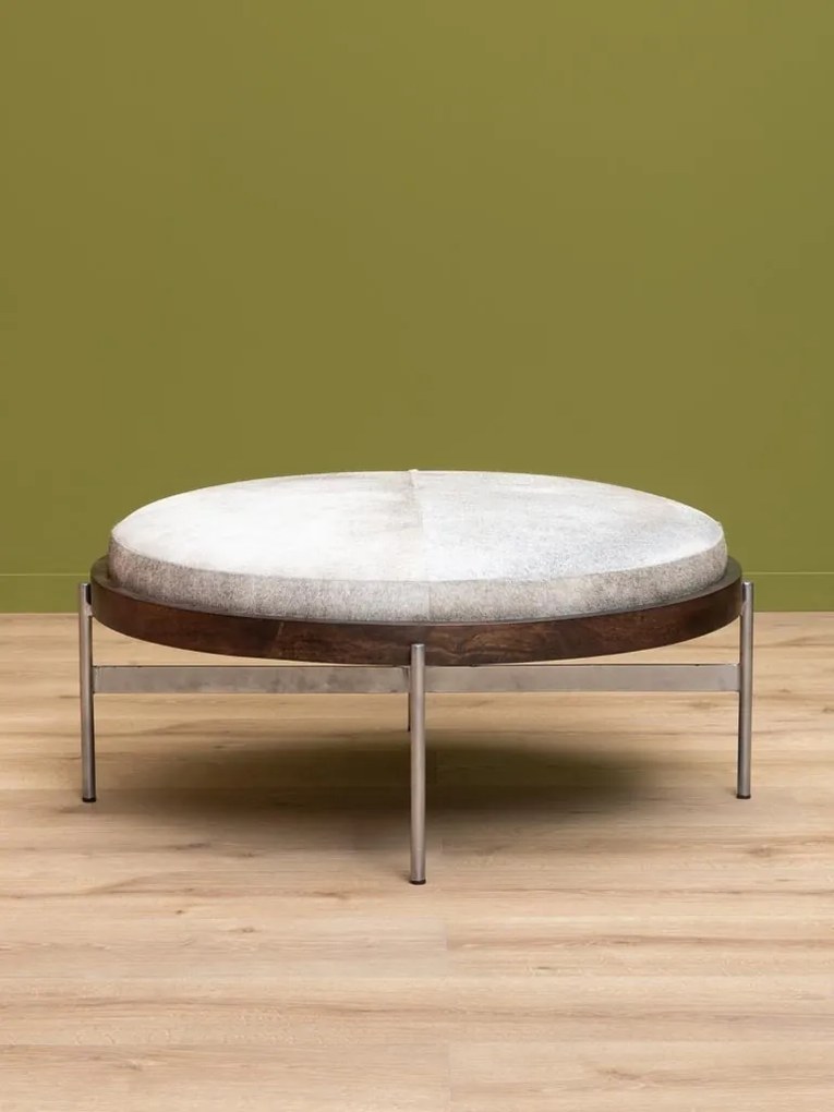 Taburet din piele de vacă gri și lemn de mango maro, cu structură din metal, formă rotundă, 42×96 cm, „Hike"