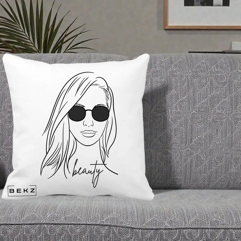 Perna Decorativa Beauty Girl Line Art, 40x40 cm, Alba Mata, Husa Detasabila, Perna Inclusa, BEKZ®