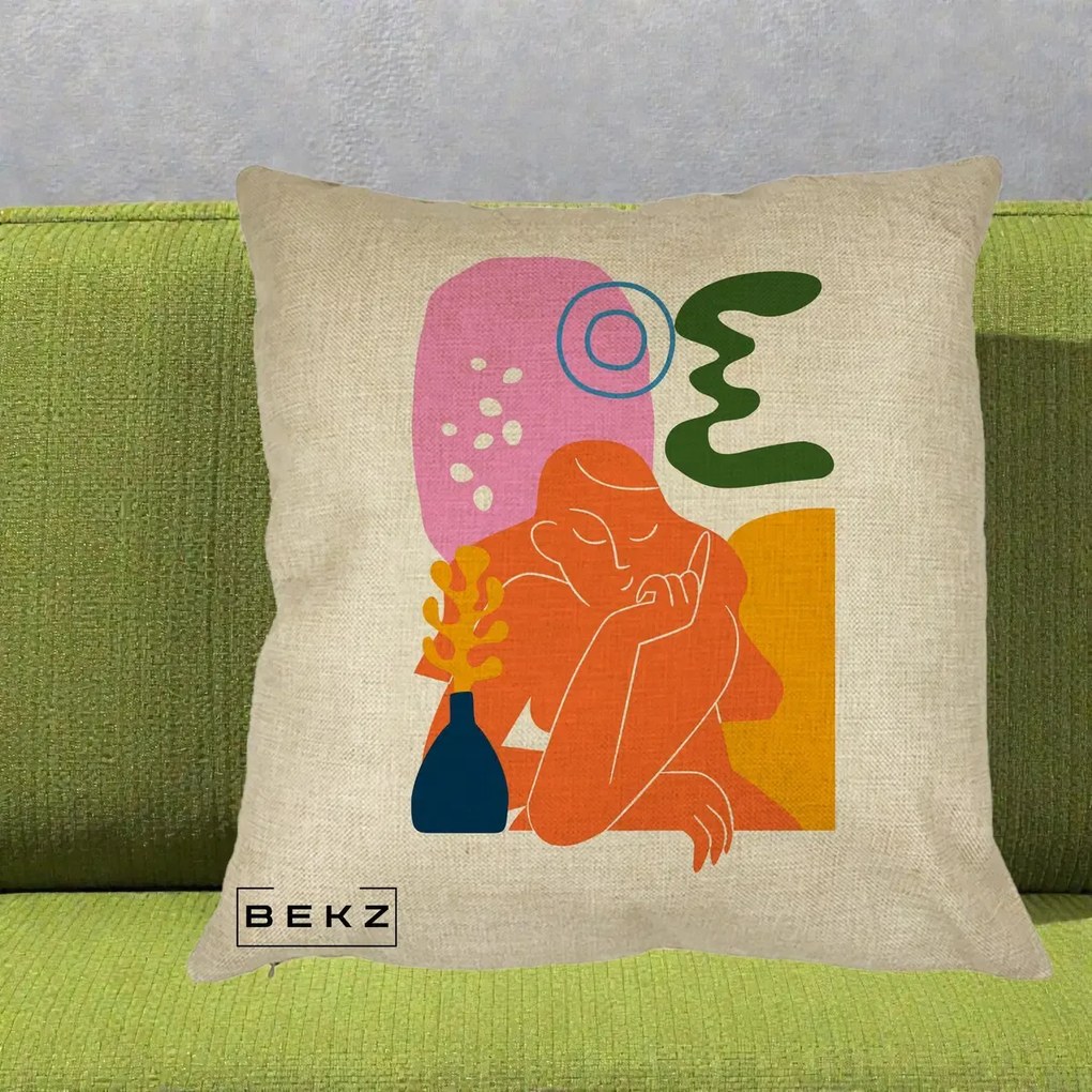 Perna Decorativa Femeie Meditand Abstract, 40x40 cm, Crem, Husa Detasabila, Perna Inclusa, BEKZ®