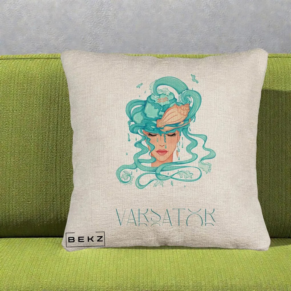 Perna Personalizata Zodiac Varsator Cowgirl, 40x40 cm, Bej Canapea, Husa Detasabila, Perna Inclusa, BEKZ®
