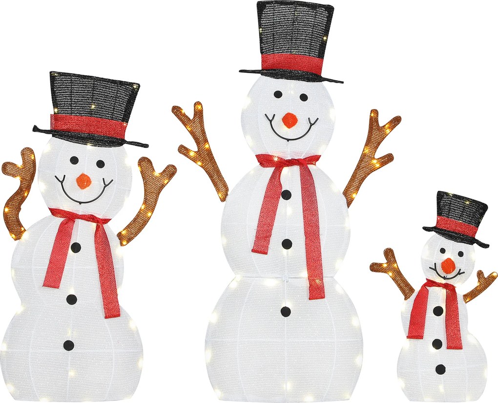 Outsunny Familie de omuleți de zăpadă în 3 piese, decorațiune exterioară, lumini LED, țăruși, rezistent la apă, oțel, poliester, alb | Aosom Romania