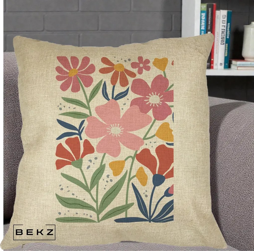 Perna Decorativa Flori Grafice Roz si Terracotta, 40x40 cm, Crem, Husa Detasabila, Perna Inclusa, BEKZ®