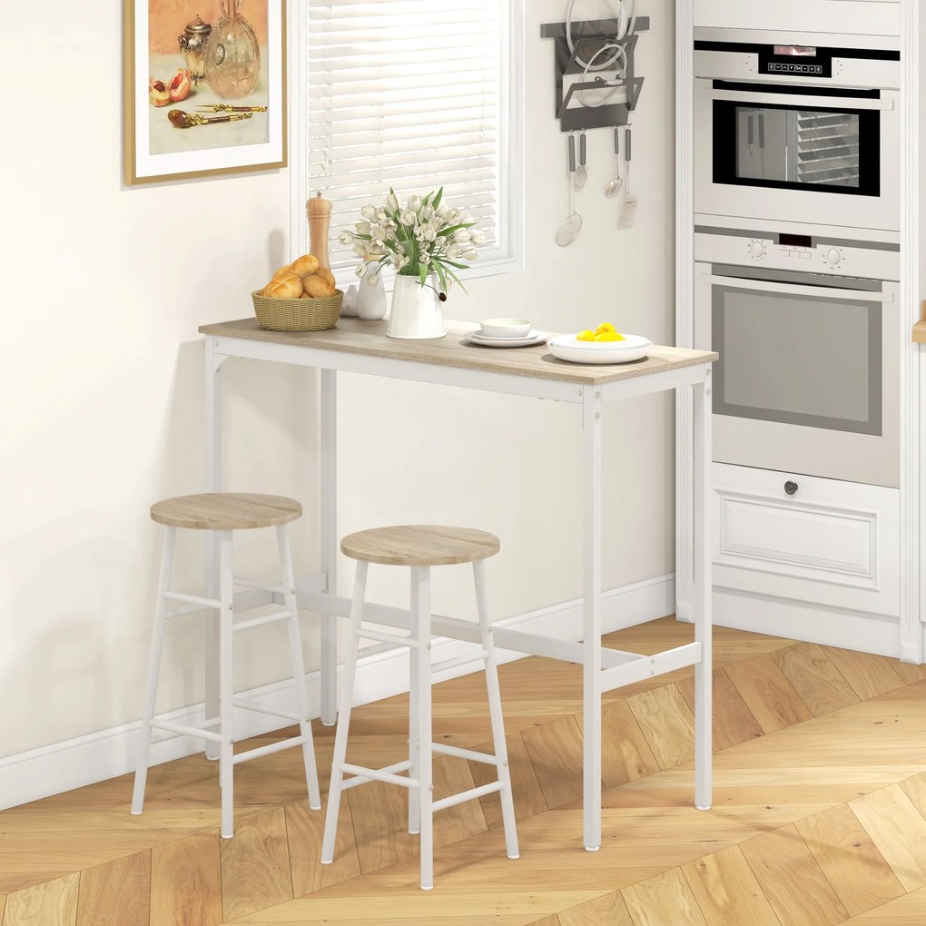 HOMCOM Set masă înaltă de bar + 2 scaune cu structură din oțel și blat cu aspect de lemn natural, pentru 2 persoane, alb | Aosom Romania