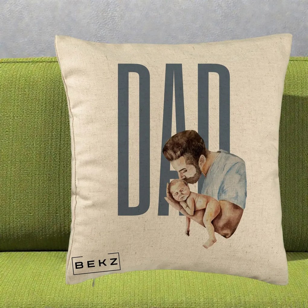 Cadou pentru Tata - Perna Personalizata DAD Tata si Nou-Nascut, 40x40 cm, Bej, Husa Detasabila, Perna Inclusa, BEKZ®