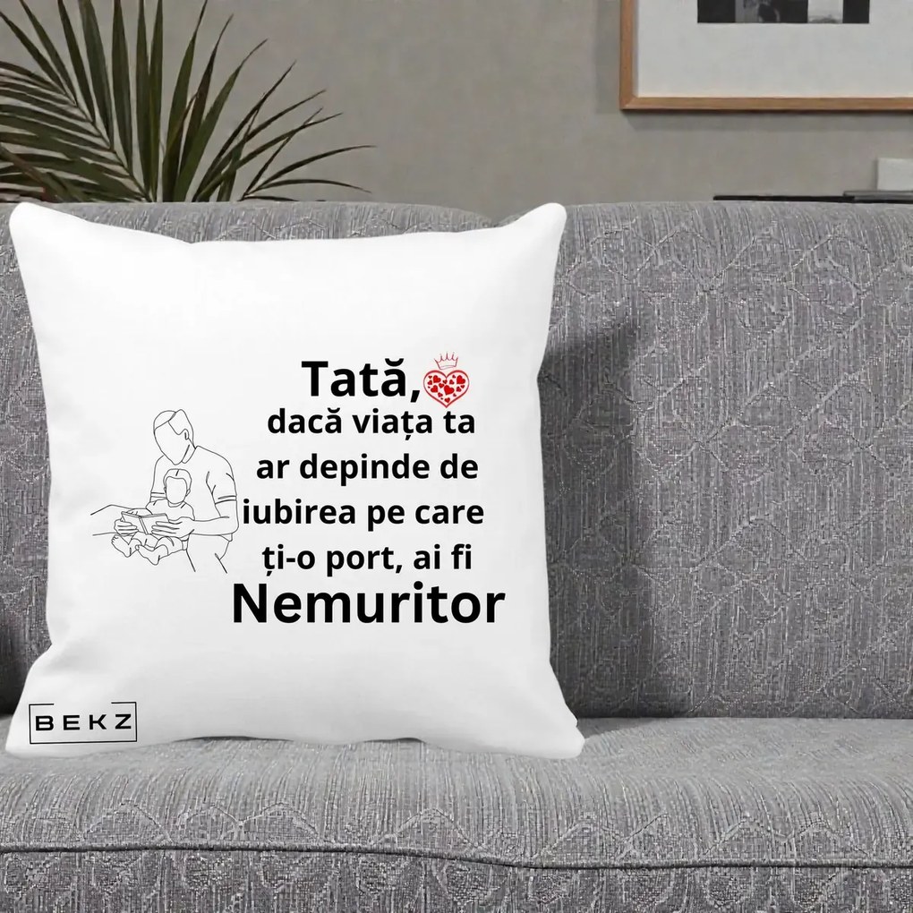 Cadou pentru Tata - Perna Personalizata Tata Nemuritor Lectura, 40x40 cm, Alba Mata, Husa Detasabila, Perna Inclusa, BEKZ®