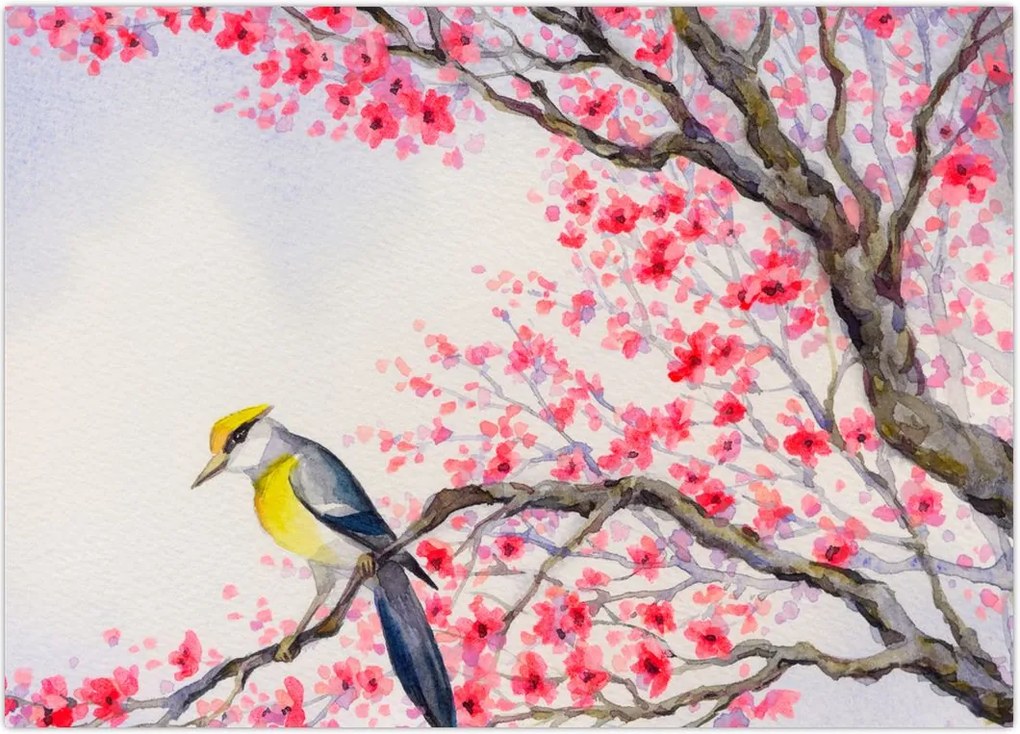 Tablou - Pasăre pe un copac cu flori roșii (70x50 cm)