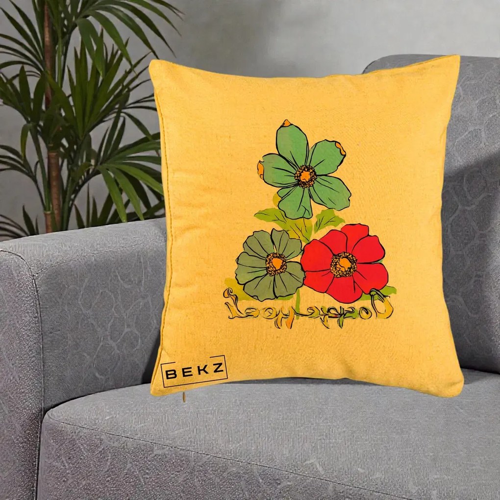 Perna Decorativa Trei Flori Grafice Pop Art, 40x40 cm, Galben, Husa Detasabila, Perna Inclusa, BEKZ®