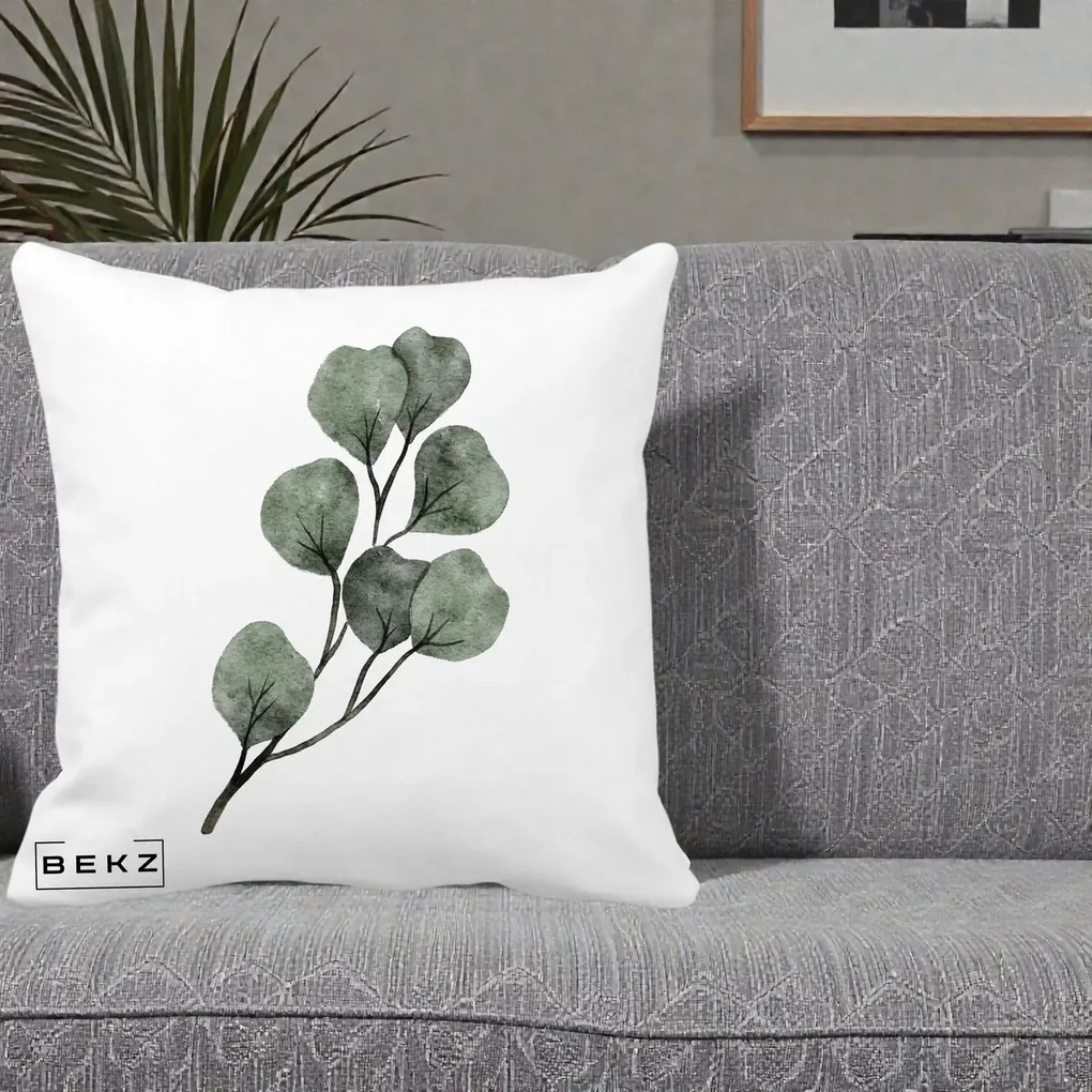 Perna Decorativa Ramura Eucalipt Acuarela, 40x40 cm, Alba Mata, Husa Detasabila, Perna Inclusa, BEKZ®