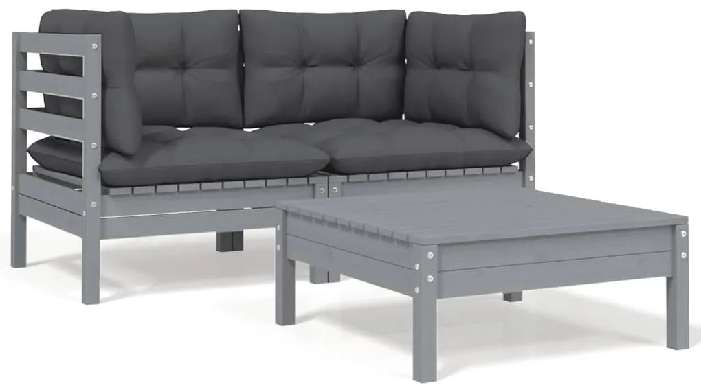 vidaXL Set mobilier de grădină cu perne, 3 piese, gri, lemn masiv pin