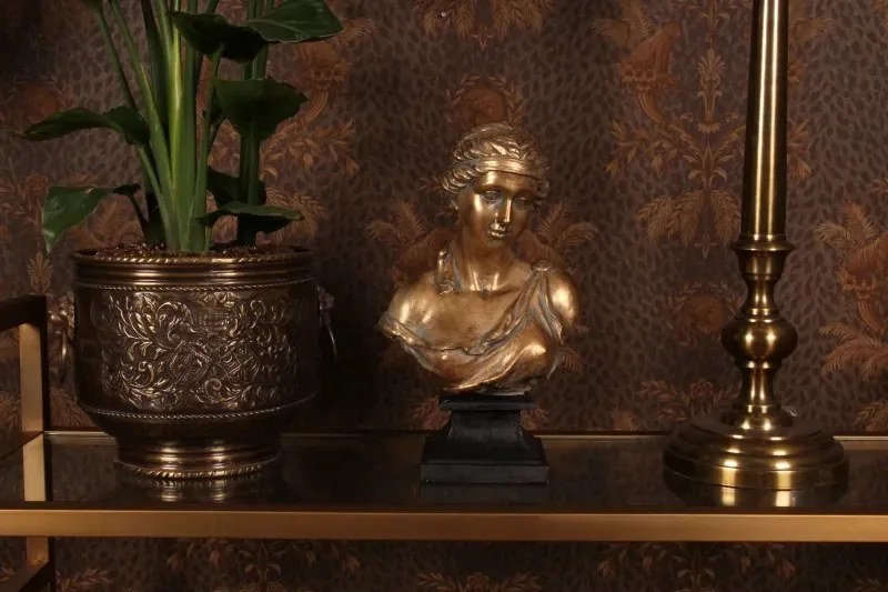 Bust decorativ din polirășină, auriu, chip de femeie în stil antic grecesc, pe soclu negru, finisaj antichizat, 42,8 x 25,5 x 16,5 cm, „Athena”