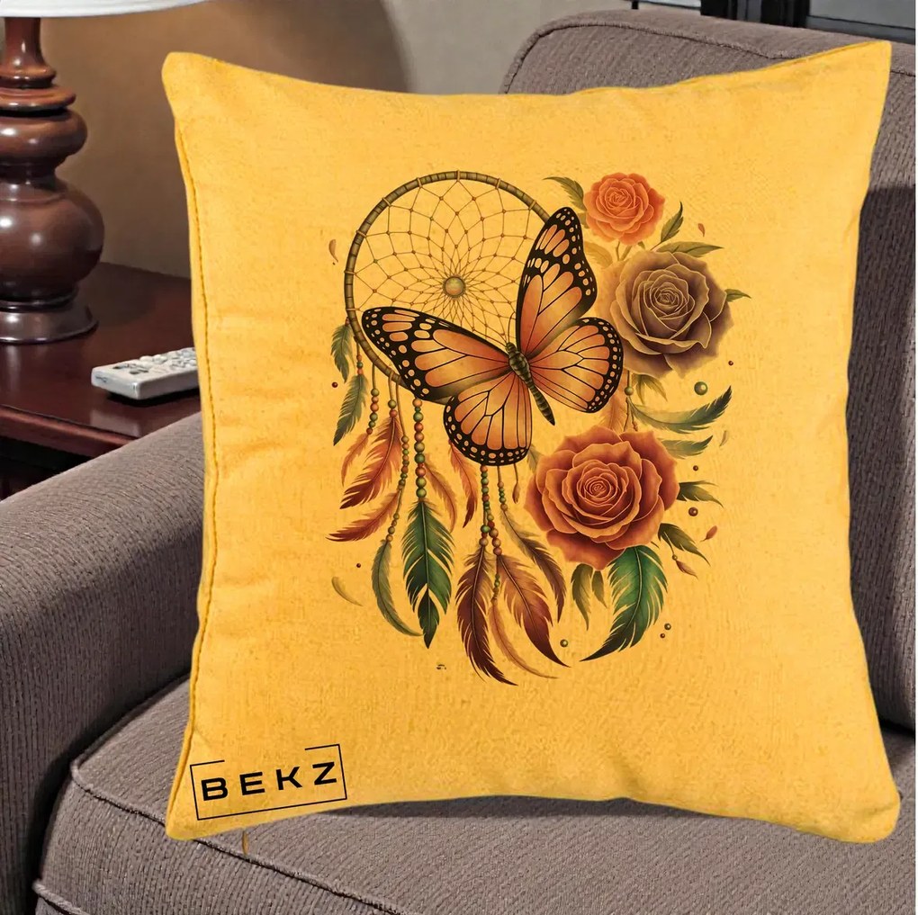Perna Personalizata Prinzator de Vise cu Fluture si Trandafiri, 40x40 cm, Galben, Husa Detasabila, Perna Inclusa, BEKZ®