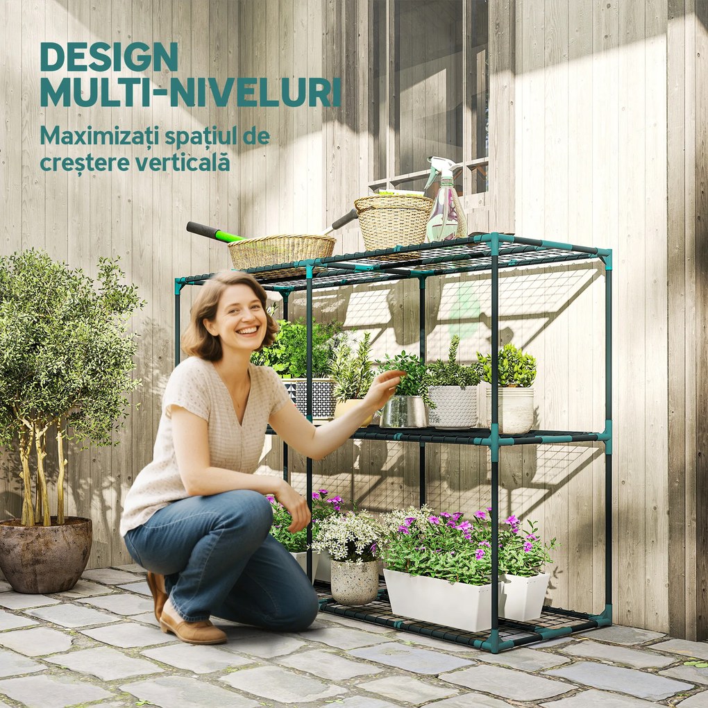 Outsunny Suport Vertical pentru Plante cu 3 Niveluri din Oțel și Plastic, Suport Ghivece pentru Interior și Exterior, Grădină, Balcon, 143x48x100 cm, Verde Închis | Aosom Romania