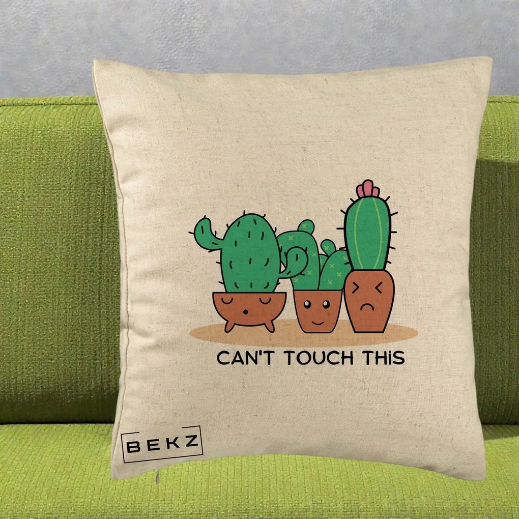 Perna Decorativa Cactus Funny Can't Touch This, 40x40 cm, Bej, Husa Detasabila, Perna Inclusa, BEKZ®