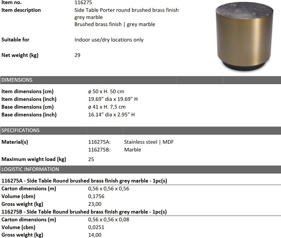 Masuta laterala design LUX din otel si marmura Porter round