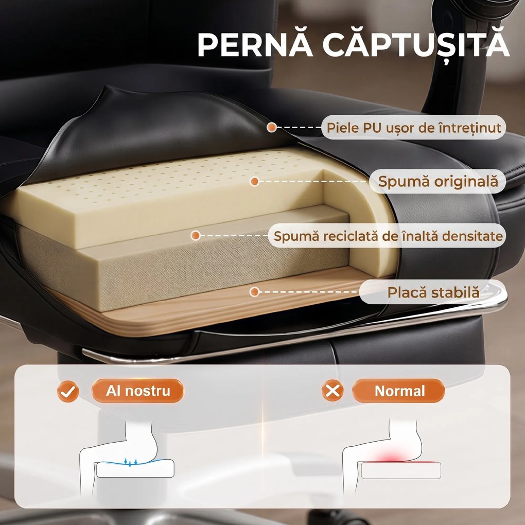 HOMCOM Scaun Birou Ergonomic Reclinabil Rotativ din Piele PU cu Suport pentru Picioare, Înălțime Reglabilă, Negru | Aosom Romania