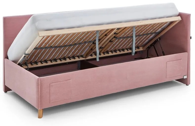 Pat pentru copii roz pe colț tapițat cu spațiu de depozitare cu somieră 90x200 cm Cool – Meise Möbel