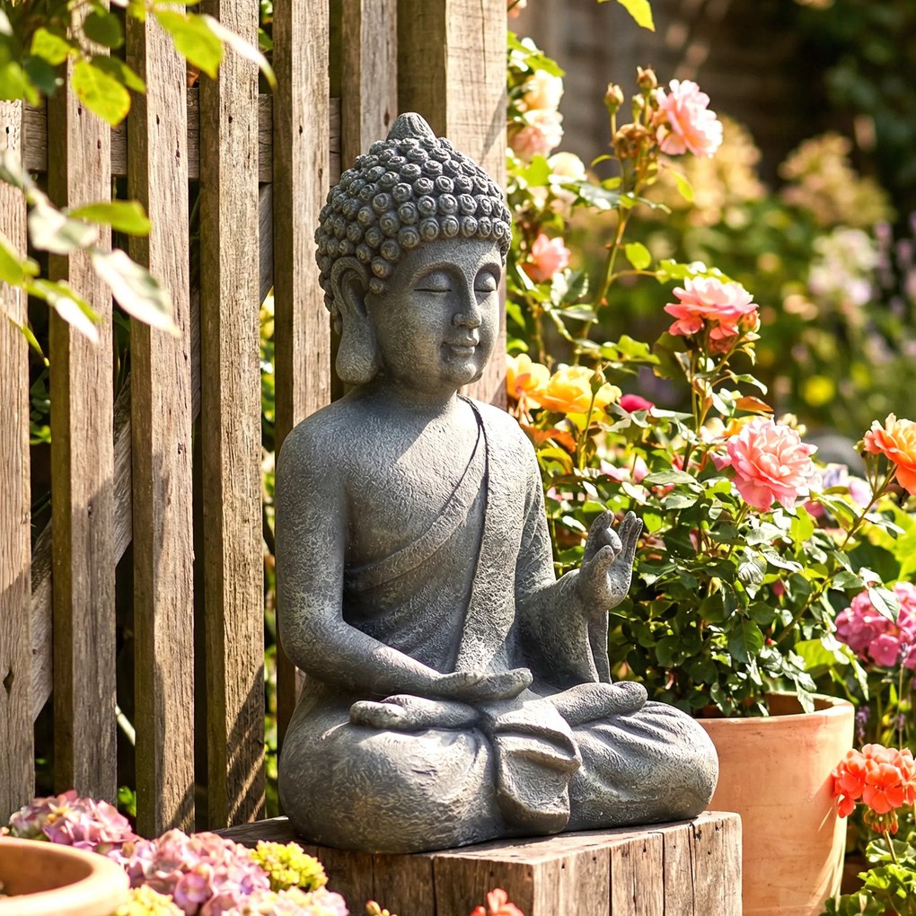 Outsunny Statuie de Grădină, Sculptură Buddha Șezând din Oxid de Magneziu, Decorațiune Spirituală 32 x 23 x 51 cm, Gri Închis | Aosom Romania