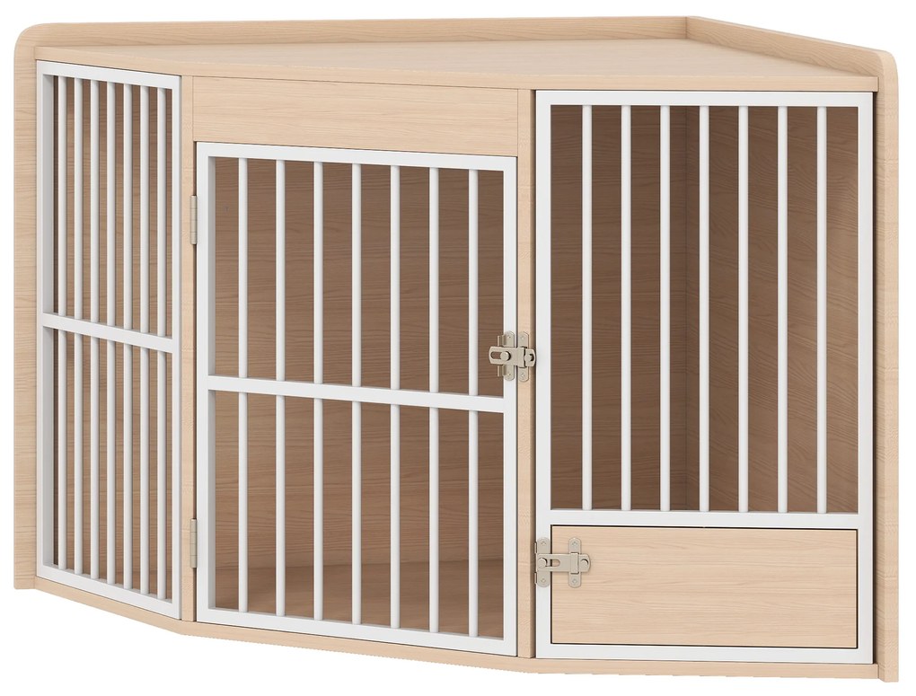 PawHut Cușcă de colț pentru câine, masă auxiliară, cu ușiță rotativă, pentru câini mici și mijlocii 113 x 80 x 64 cm, stejar | Aosom Romania